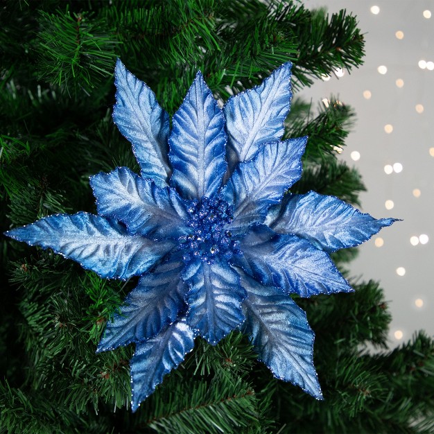 Two Tone Blue Glittered Poinsettia Christmas Stem Spray