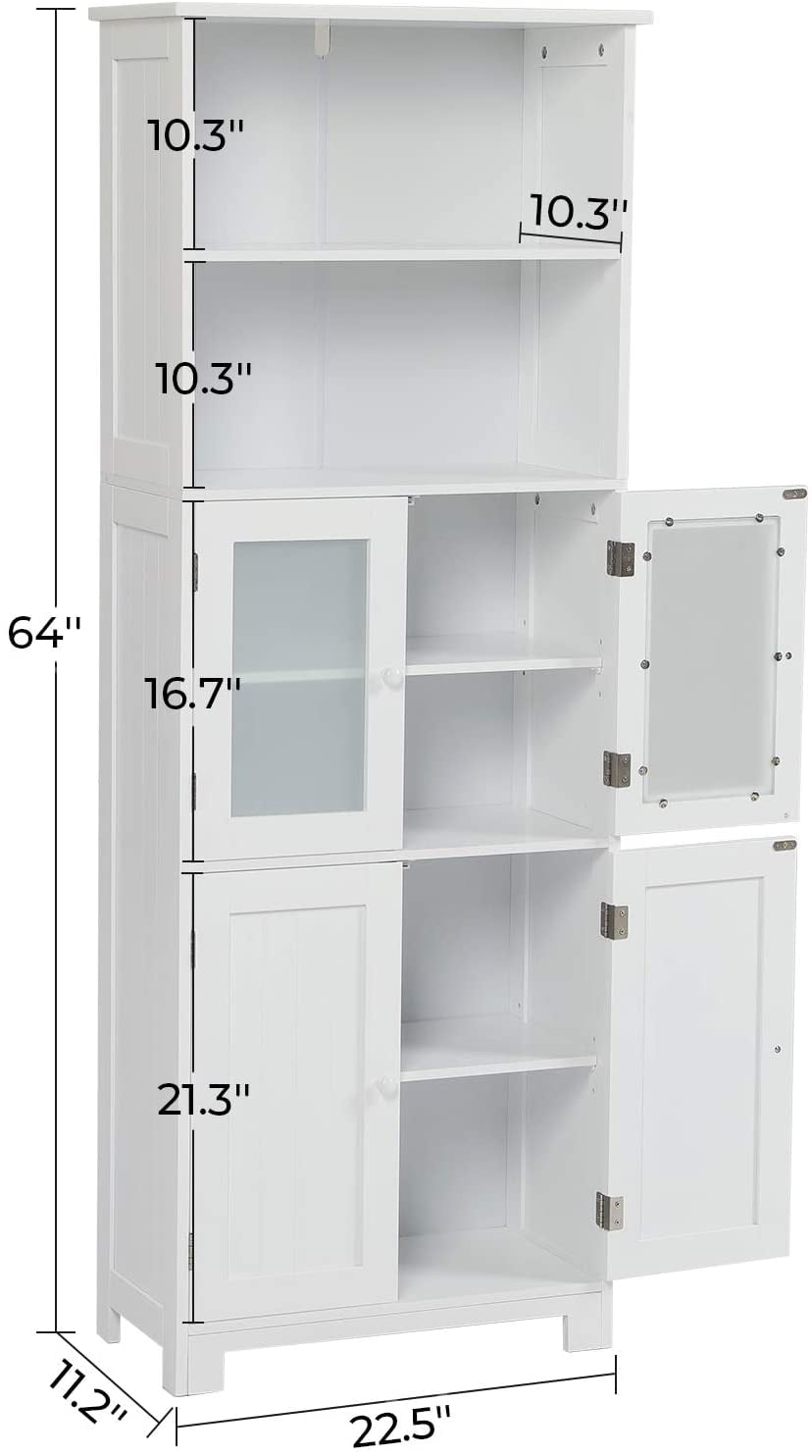 64 Tall Storage Cabinet Standing Bathroom Storage Cupboard Kitchen Organizer with 2 Open Compartments and 2 Cabinets with Doors， White