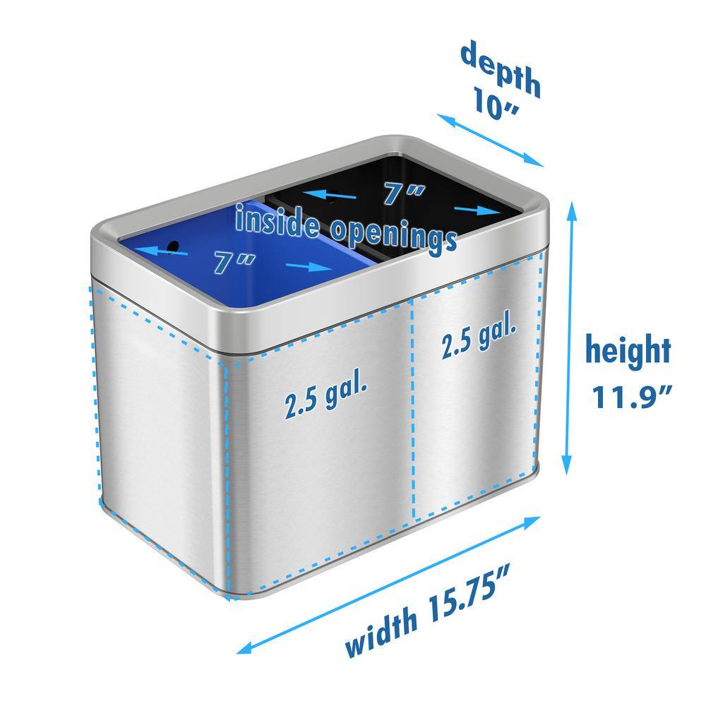 iTouchless 5.3 Gal. Dual Compartment Slim Open Top Waste Bin for Trash Can and Recycle Container OT05R2S