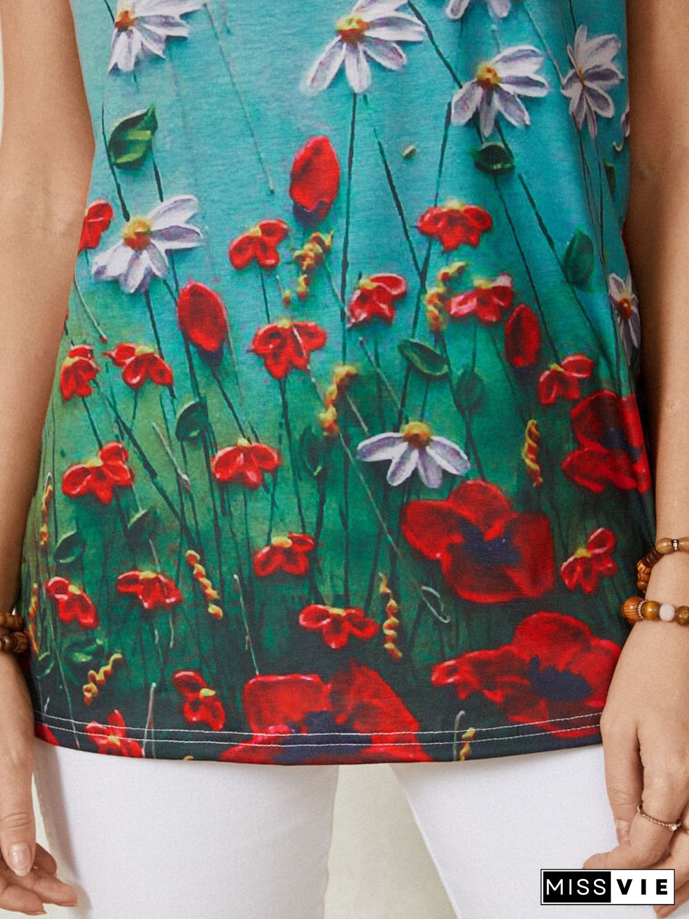 Flower Print V-neck Short Sleeve T-Shirt For Women