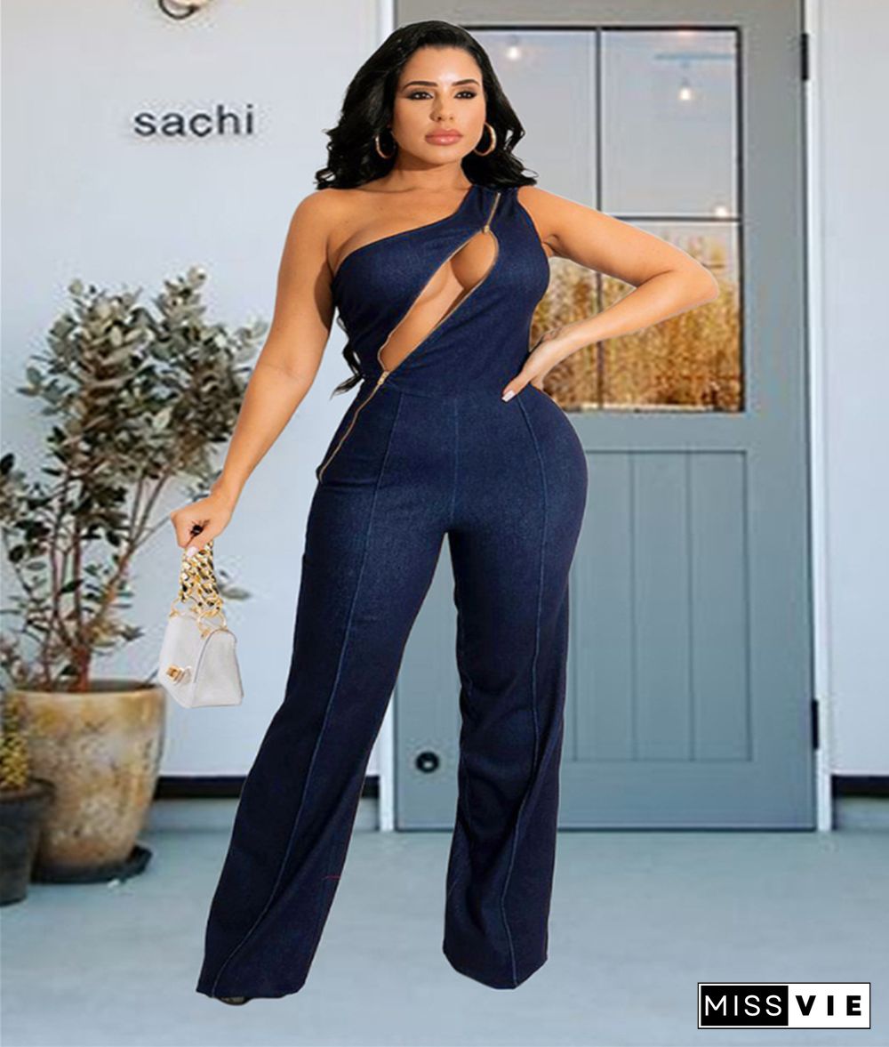 Zipper Stitching One Shoulder Wide Leg Jumpsuit