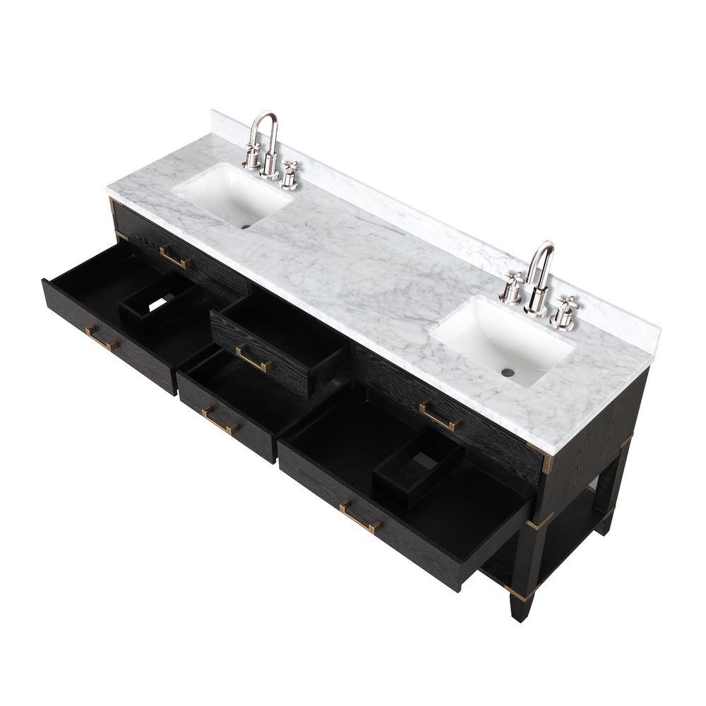 Lexora Irvington 80 in W x 22 in D Black Oak Double Bath Vanity Carrara Marble Top Faucet Set and 36 in Mirrors LVI80DJ111