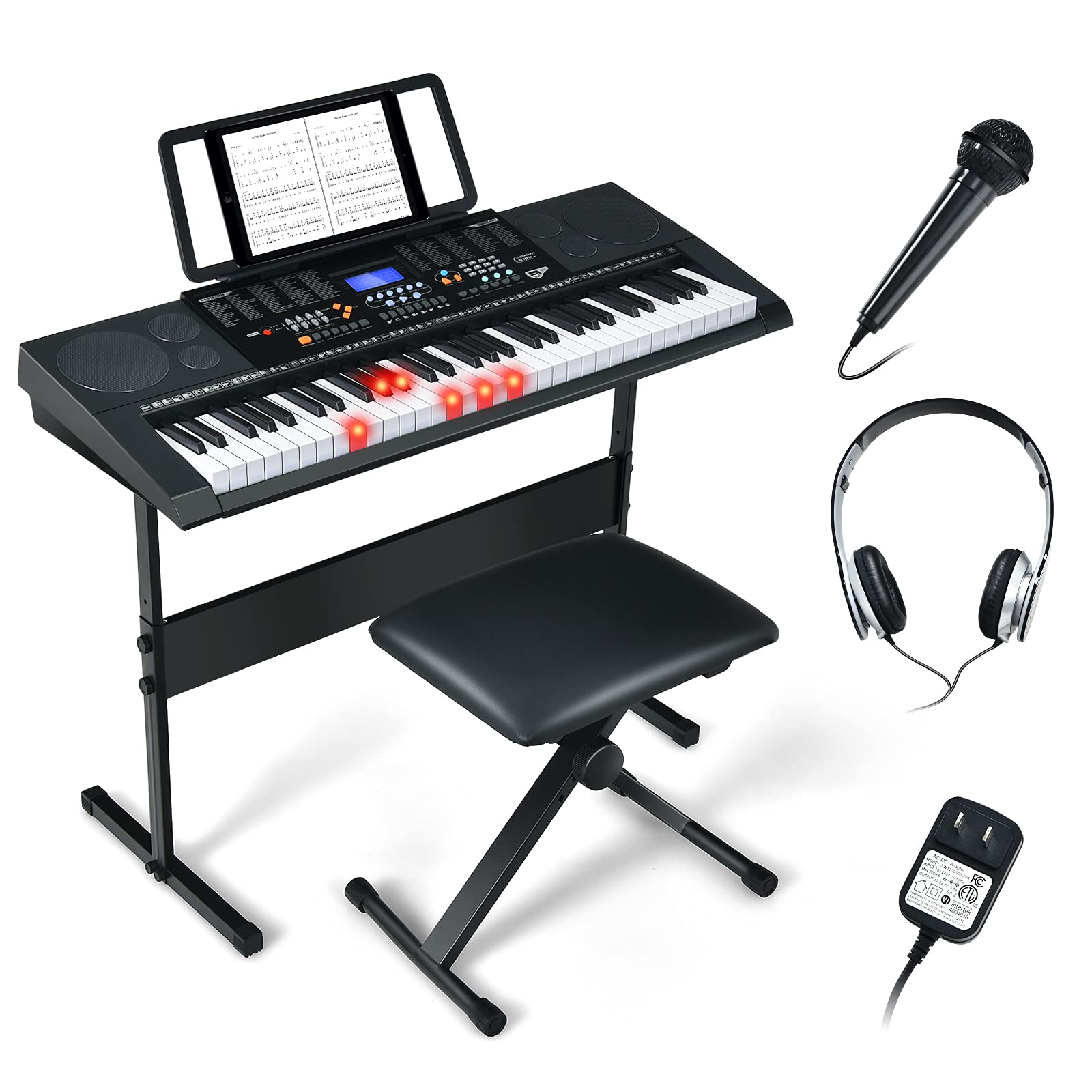 Costzon 61-Key Electronic Keyboard Piano Set w/Full Size Lighted Keys, Headphones, Microphones