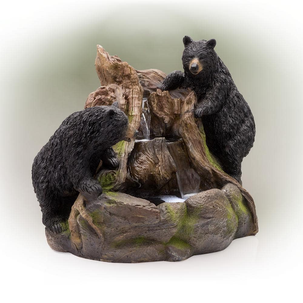 Alpine Corporation 24 in. Tall Outdoor 2 Bears Climbing on Rainforest Water Fountain with LED Lights GXT252