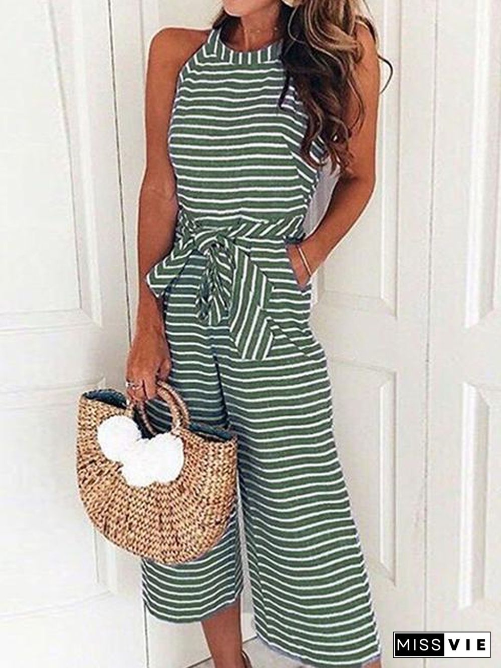 Sleeveless Striped Print Casual Jumpsuit