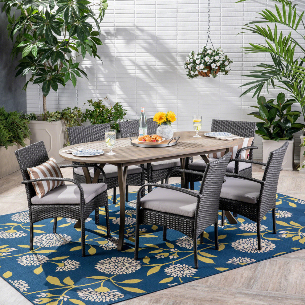 GDF Studio 7 Piece Isla Outdoor Wood and Wicker Dining Set  Gray/Gray/Gray   Tropical   Outdoor Dining Sets   by GDFStudio  Houzz