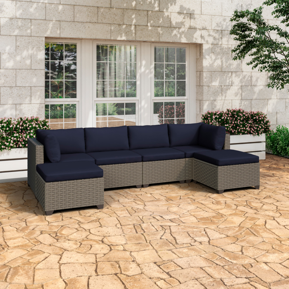 Keys 6 Piece Outdoor Conversation Set with Two Ottomans in Summer Fog Wicker   Tropical   Outdoor Sofas   by TKClassics  Houzz