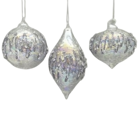 3 Iridescent Glass With Silver Glitter Assorted Set Of 12