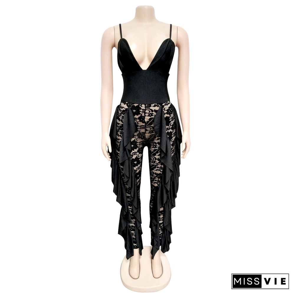 Sexy Low-cut Lace Patchwork Straps Tight Jumpsuit