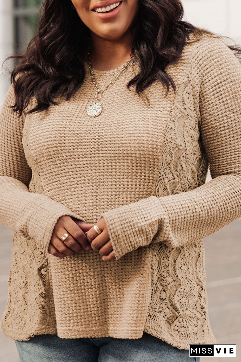 Khaki Plus Size Lace Waffle Knit Top