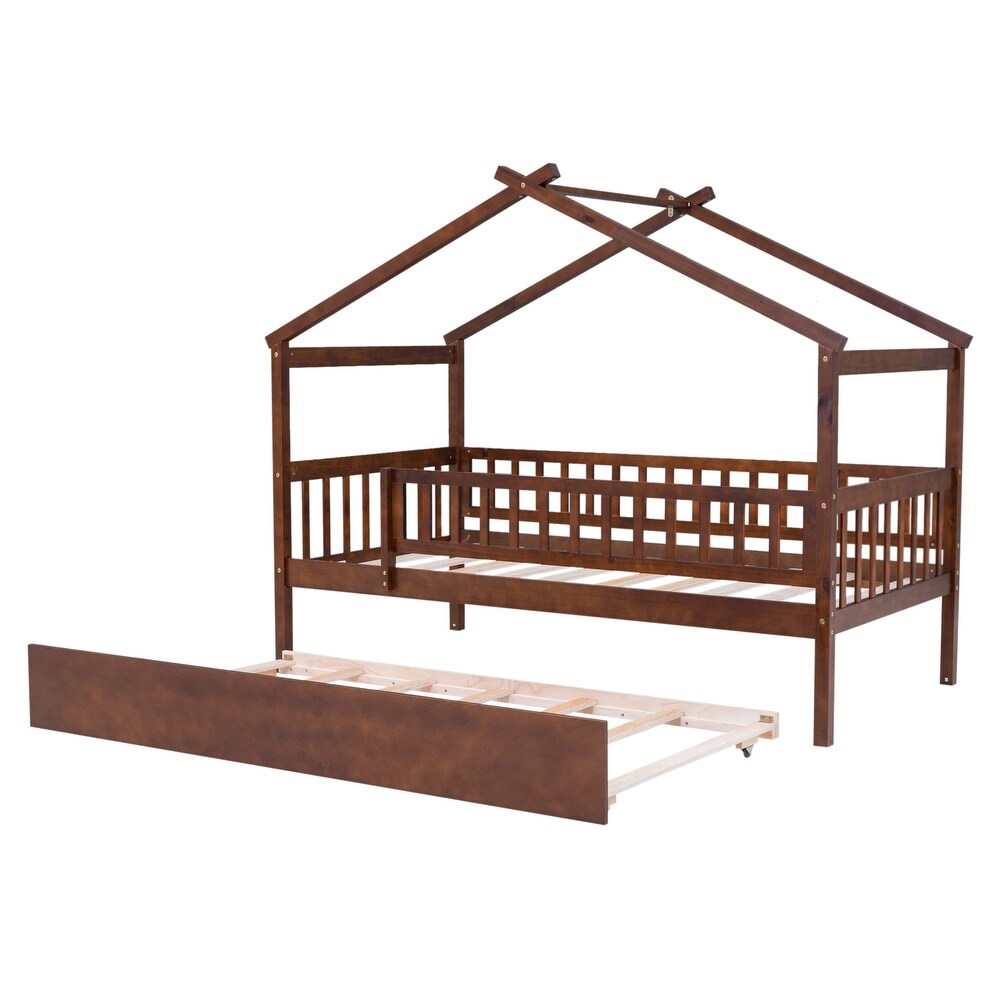 Nordic Twin Size Wooden House Bed with Twin Size Trundle Bed Frame   Safety Guard Rails No Box Spring Needed  Easy Assembly