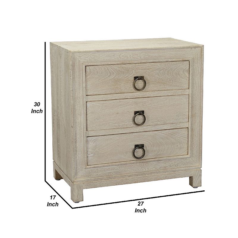 Cal 30 Inch Mango Wood Nightstand， 3 Drawers， Natural Beige