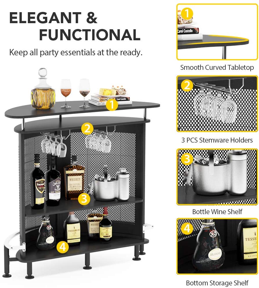 Tribesigns Bar Unit with Metal Mesh Front， Modern Home Liquor Bar Table with Wine Glass Holders Storage and Footrest， Ideal for Home/Kitchen/Bar/Pub