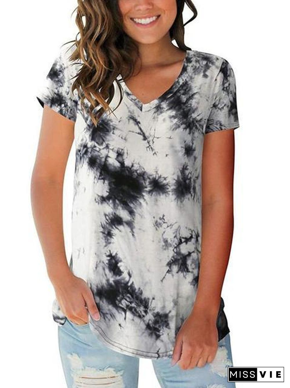 Tie-Dye Print V-Neck Loose T-Shirt