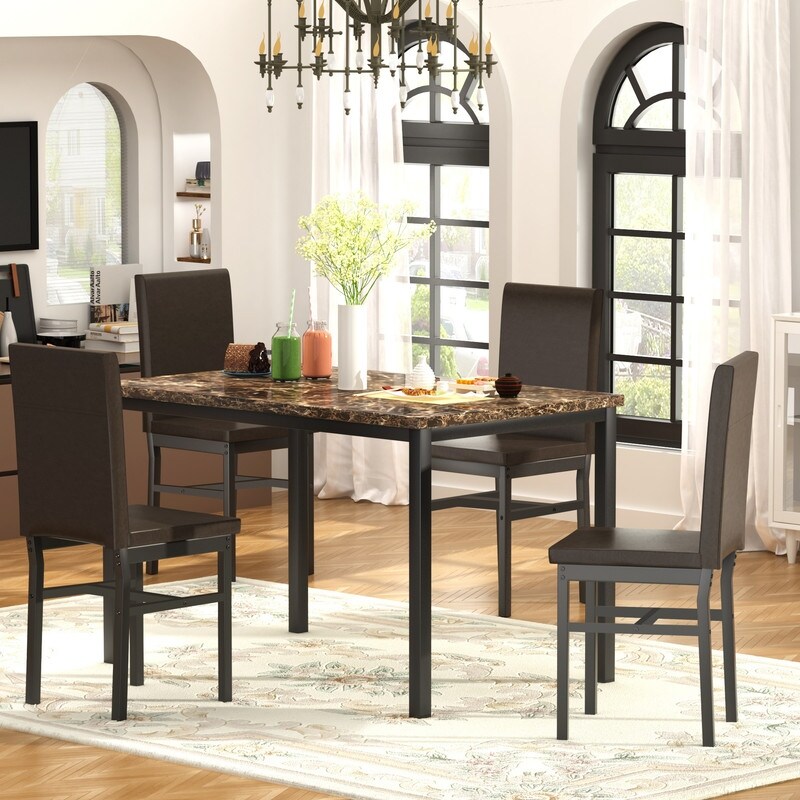 Modern Kitchen Dining Table Set for 4  Faux Marble Dining Set with 4 PU Leather Upholstered Chairs for Living Room  Kitchen