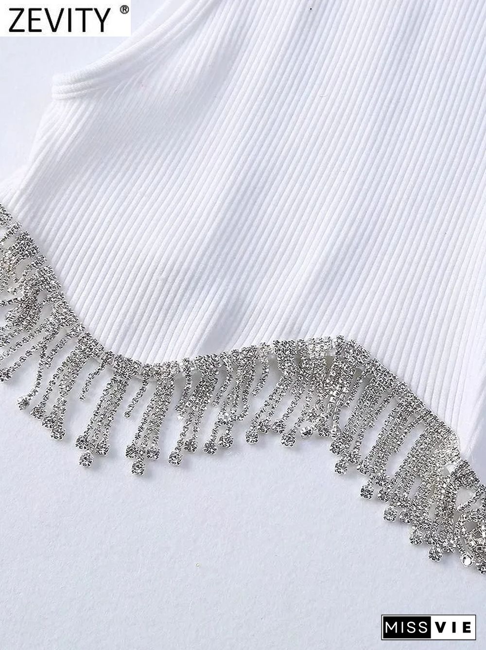 Women High Street Sexy Hem Tassel Diamond Beading Knitting T-Shirt Chic Short Camis Tank Lady Slim Crop Vest Tops Ls1311