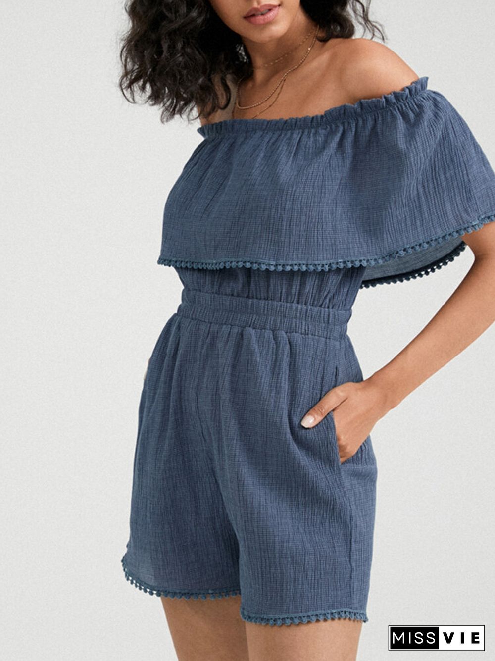 Ruffle Off Shoulder Solid Short Sleeve Women Romper