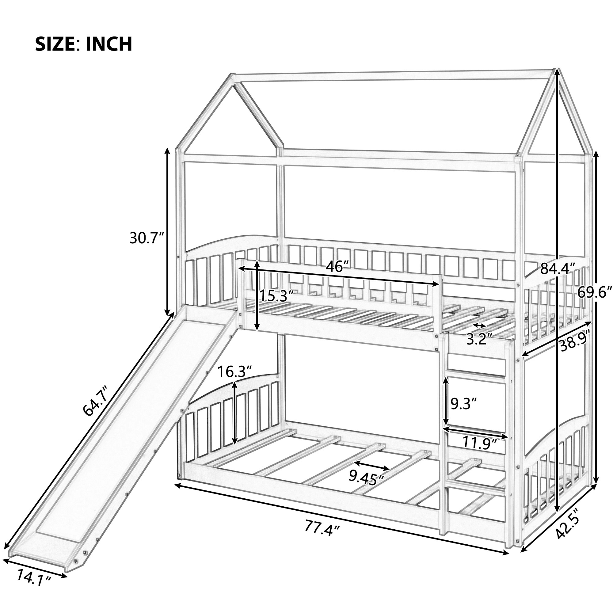 Bellemave Bunk Bed with Slide, Wood Twin Over Twin House Bed Frame with Ladder for Kids Teens(Espresso)