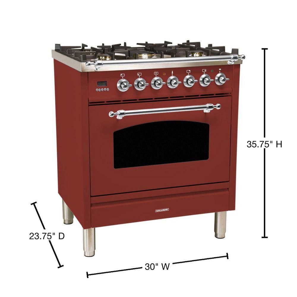 Hallman 30 in. 3.0 cu. ft. Single Oven Dual Fuel Italian Range with True Convection 5 Burners LP Gas Chrome Trim in Burgundy HDFR30CMBGLP