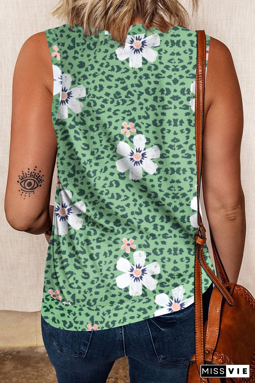 Green Crew Neck Floral Leopard Print Tank Top