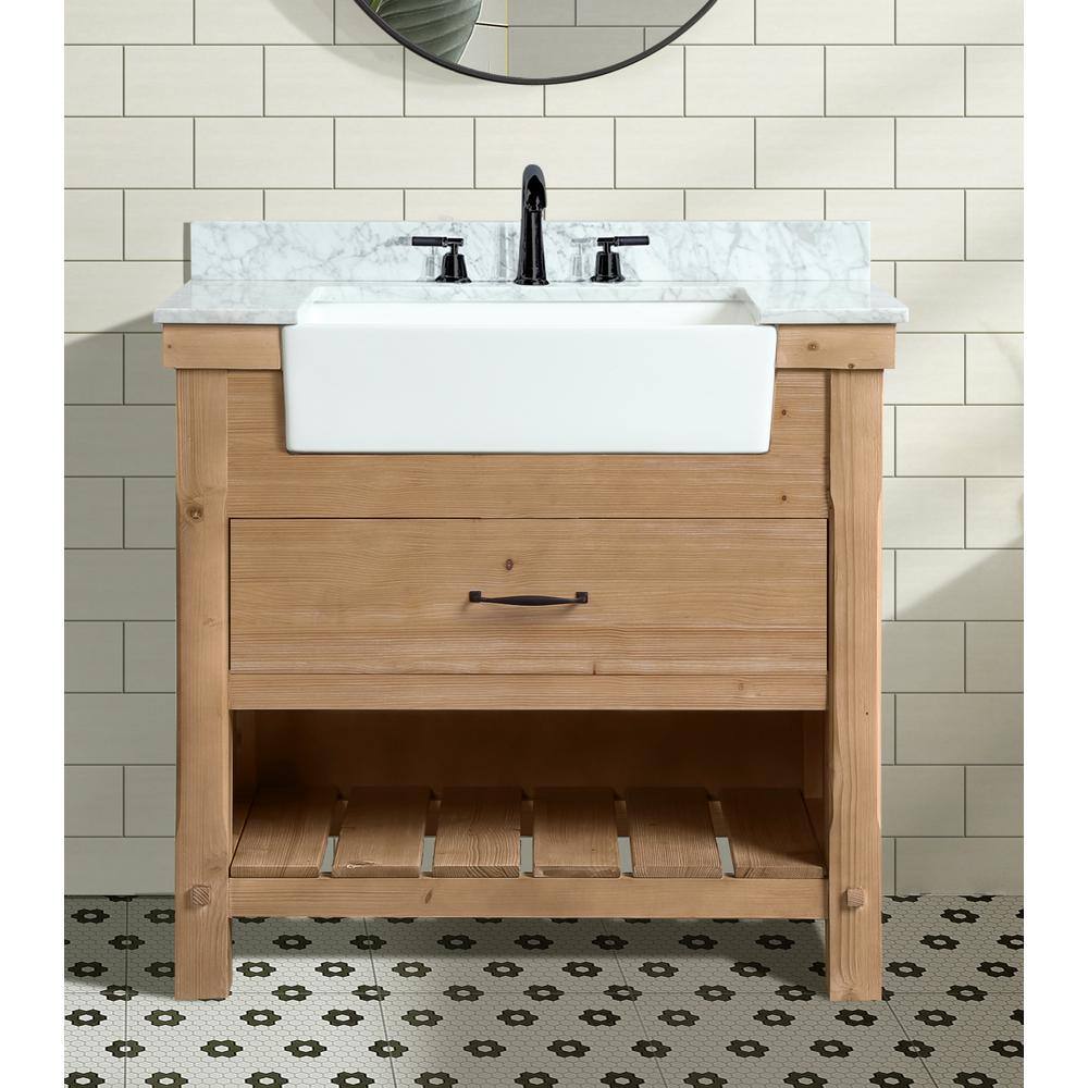 Ari Kitchen and Bath Marina 36 in. Single Bath Vanity in Driftwood with Marble Vanity Top in Carrara White with White Farmhouse Basin AKB-MARINA-36DW