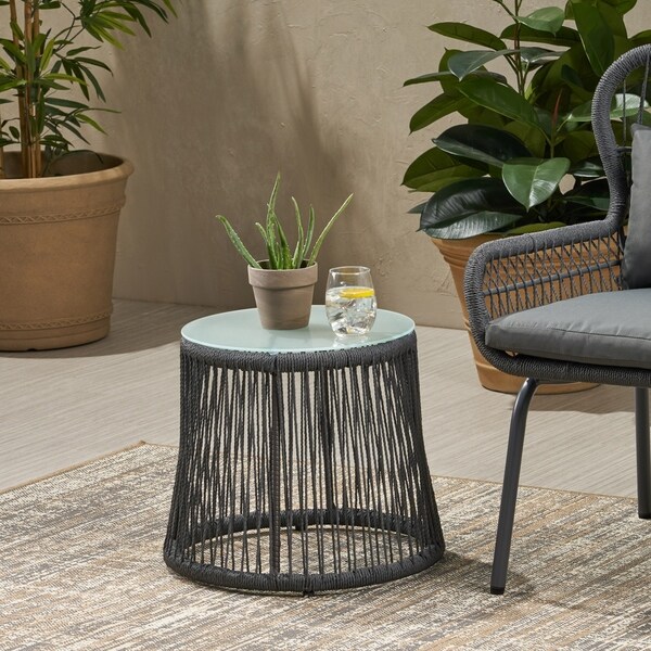 Southport Outdoor Steel and Rope Side Table with Tempered Glass Table Top by Christopher Knight Home