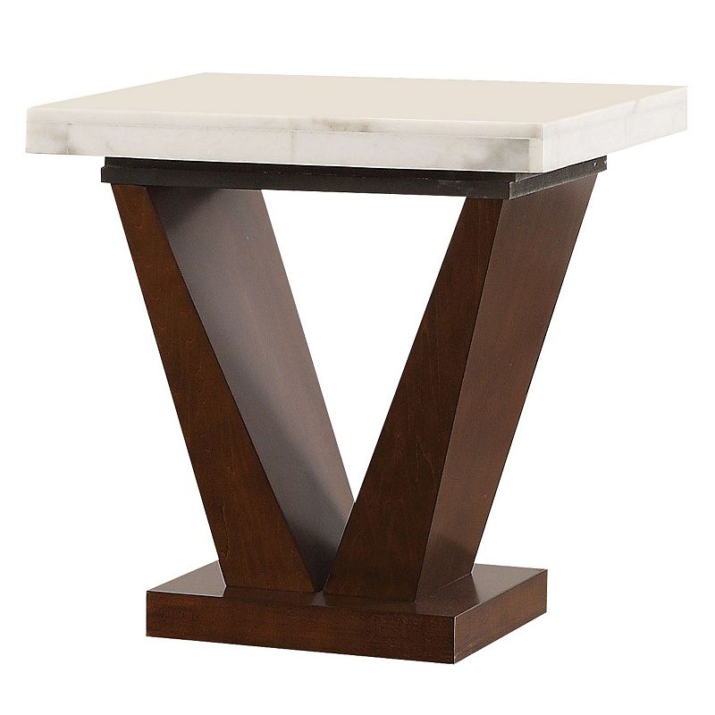 Square Marble Top End Table With Wooden V Shape Base， White And Brown