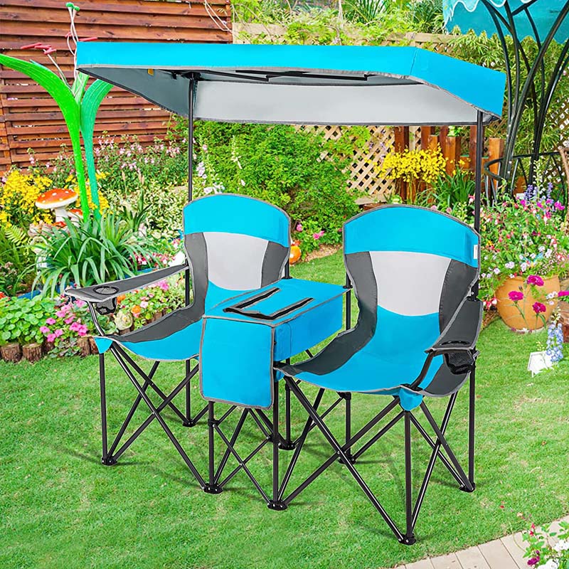 Double Sunshade Camping Canopy Chair with Mini Table, Cup Holder, Portable Folding Beach Chair with Canopy