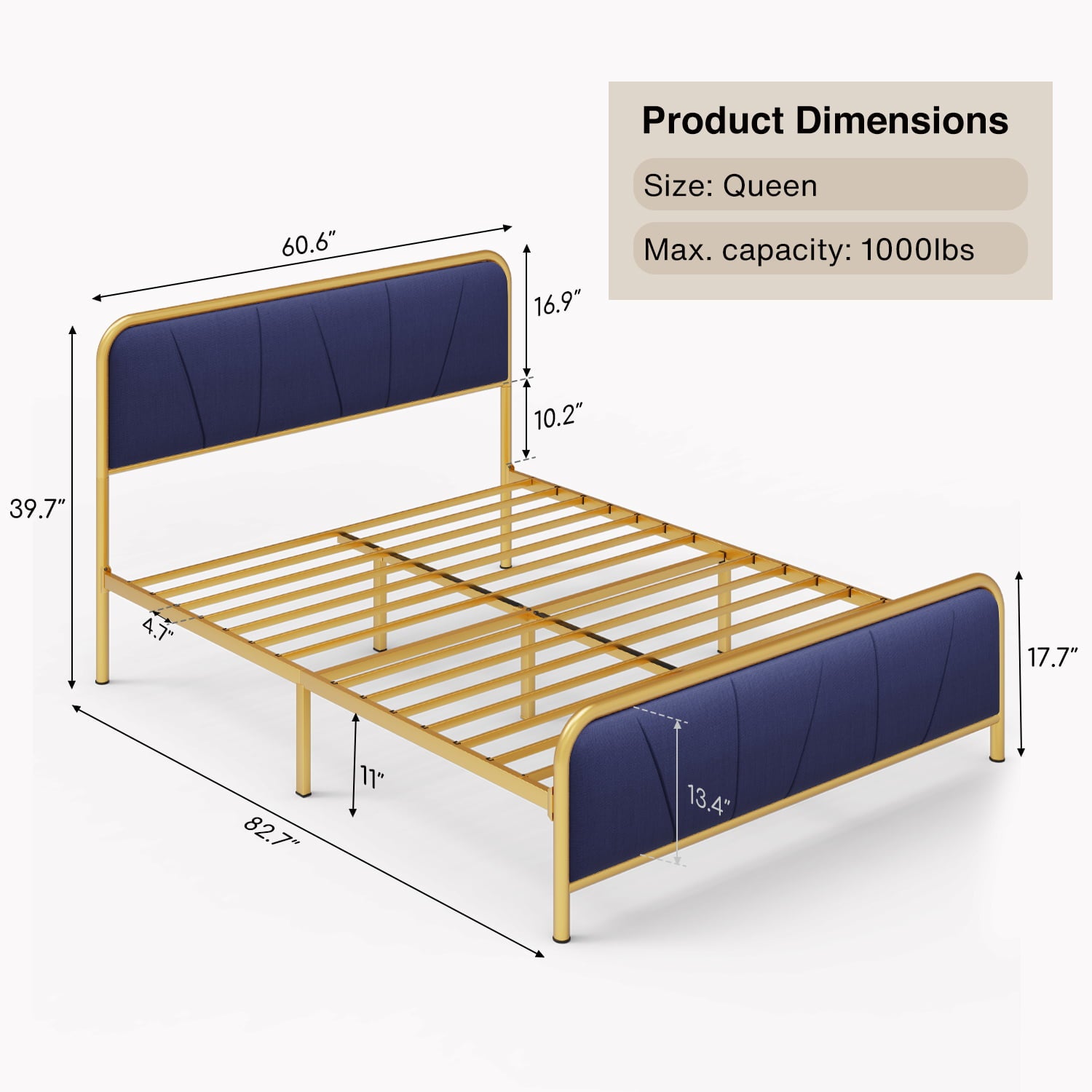 Aiho Queen Size Bed Frame with Headboard, Upholstered Metal Platform Bed Frame, Blue