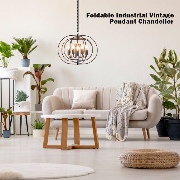 Tangkula Foldable Pendant Lighting Industrial Vintage Metal Spherical Rustic Chandelier Hanging Cage Globe Ceiling Light Fixture