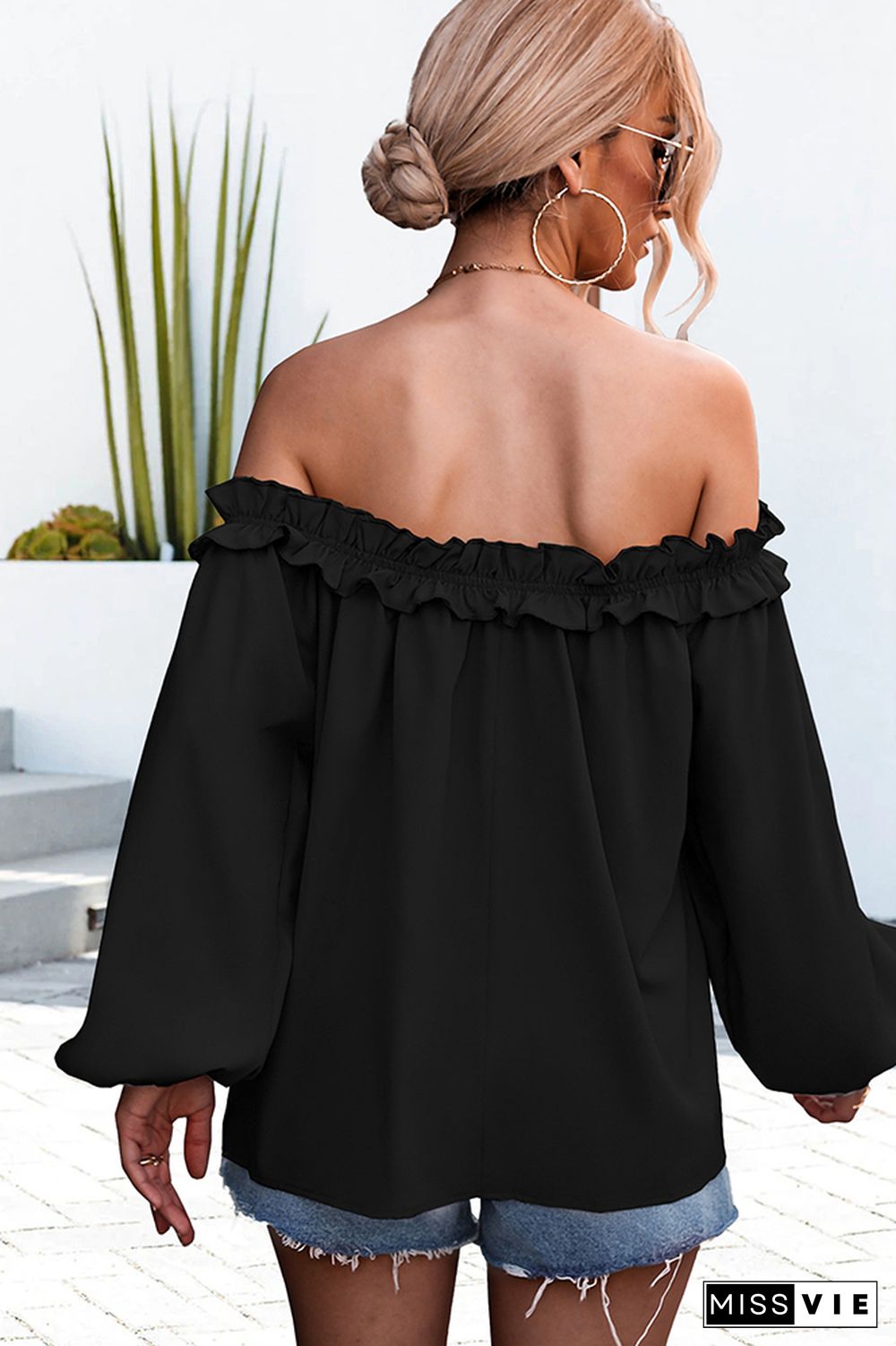 Off Shoulder Lantern Sleeves Plain Blouse