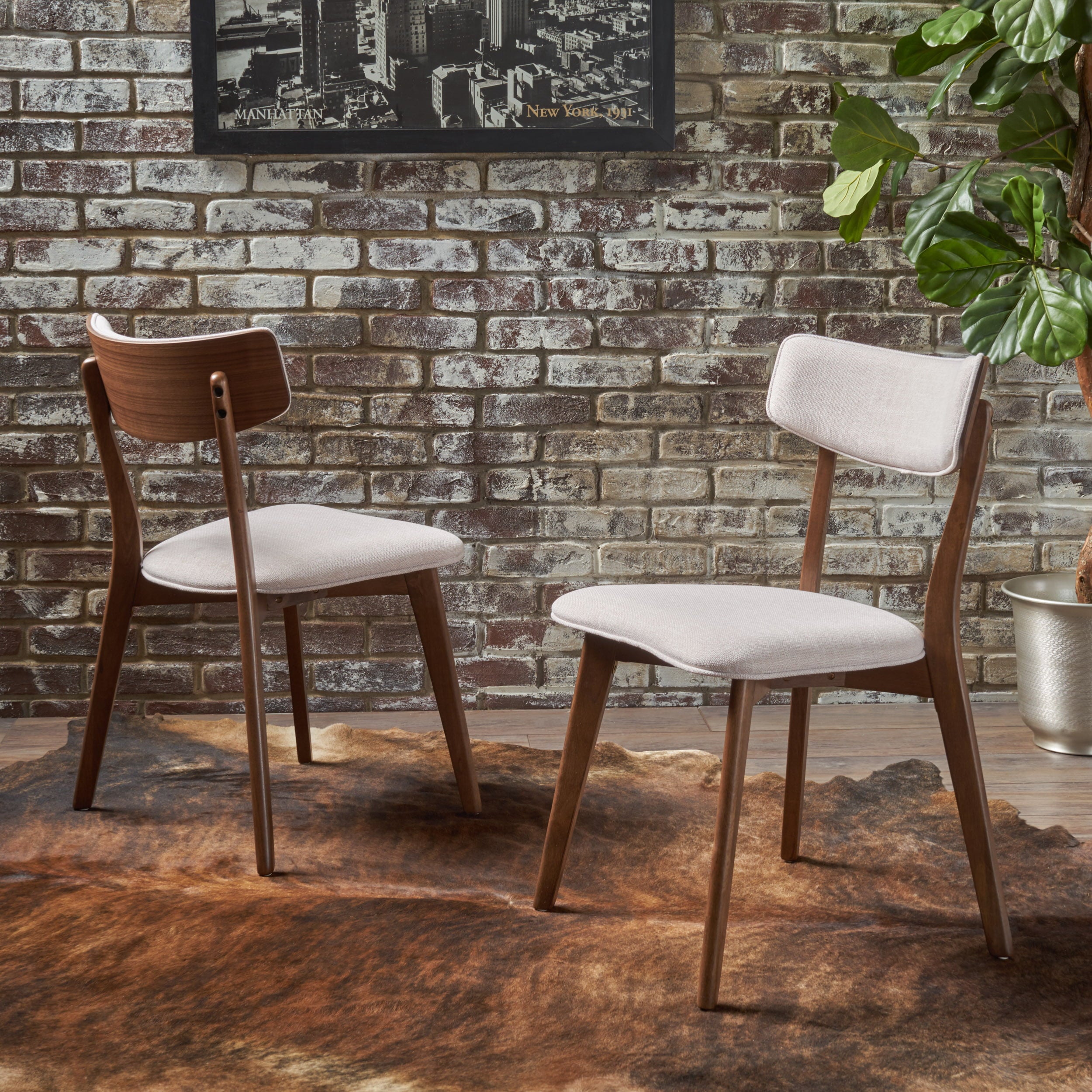 Noble House Sadie Indoor Mid-Century Fabric Dining Chairs， Set of 2， Beige， Walnut