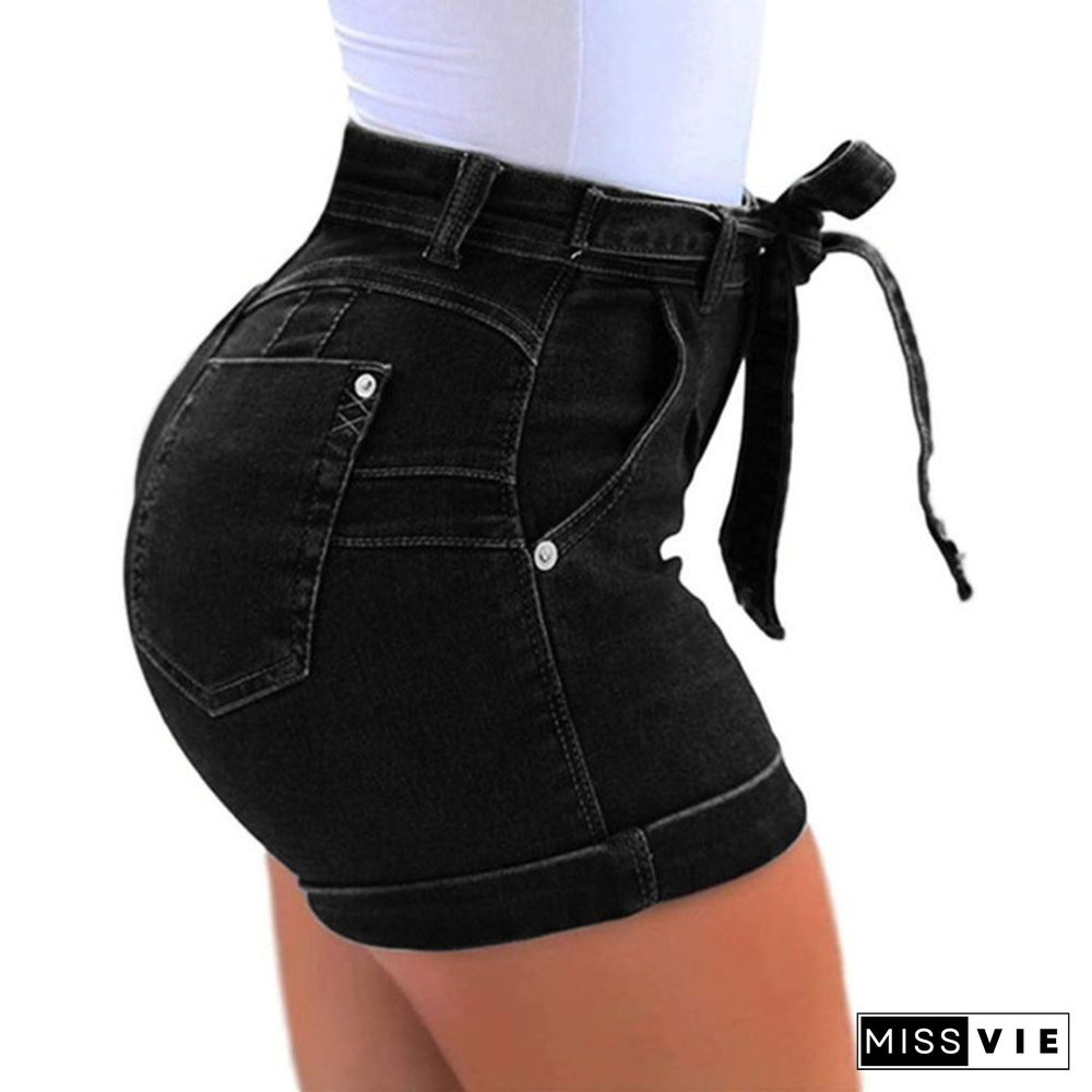 Women's mid-Waist Denim Belt Washed Denim Shorts Slim fit Casual Classic Shorts Jeans Summer Denim Shorts