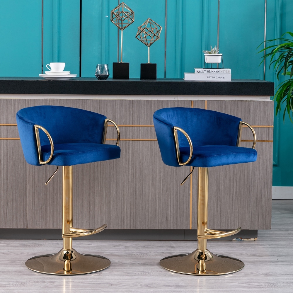 Set of 2 Bar Stools with Chrome Footrest And Base Swivel Height Adjustable Mechanical Lifting Velvet  Golden Leg Bar Stool