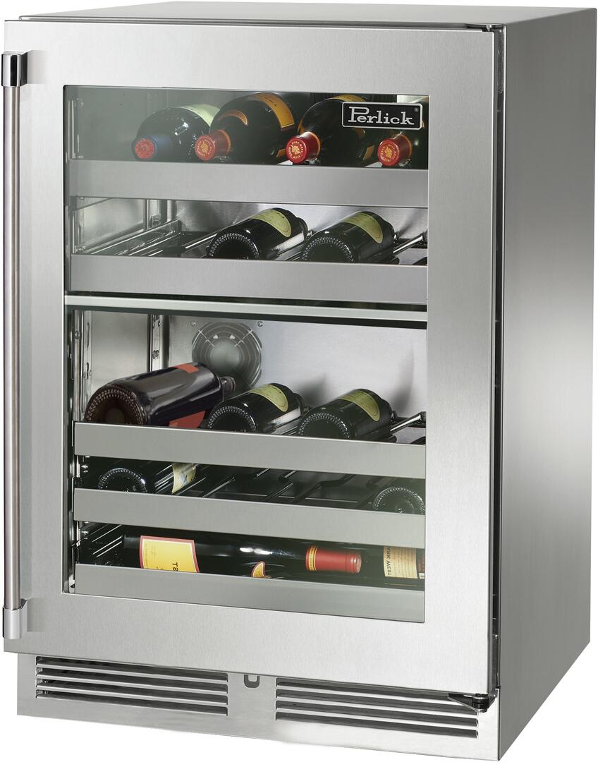 Perlick 48 Inch Signature Series Stainless Steel Outdoor Wine Cooler Pair with HP24DO43L Left Hinge Glass Door Wine Cooler and HP24DO43R Right Hinge Solid Glass Wine Cooler