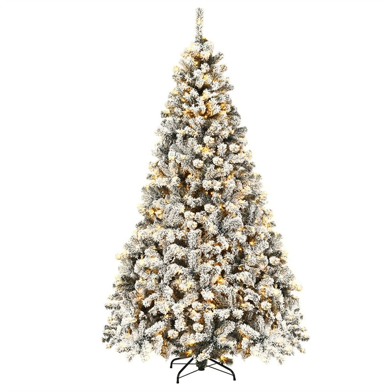 6/7.5/9FT Pre-Lit Hinged Artificial Christmas Tree, Premium PVC Snow Flocked Pine Tree with Metal Stand