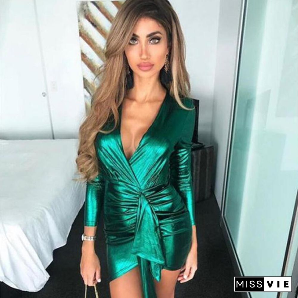 Spring Wrap Bandage Bodycon Dresses Women Deep V Neck Mini Sexy Dress Colorful Elegant Green Summer Party Dress Vestidos