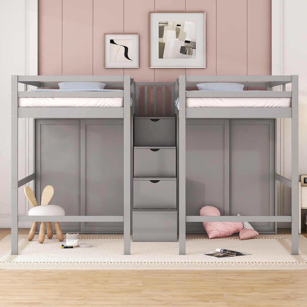 Wood Double Twin Size Loft Bed w/ Wardrobes   Storage Staircase Unisex