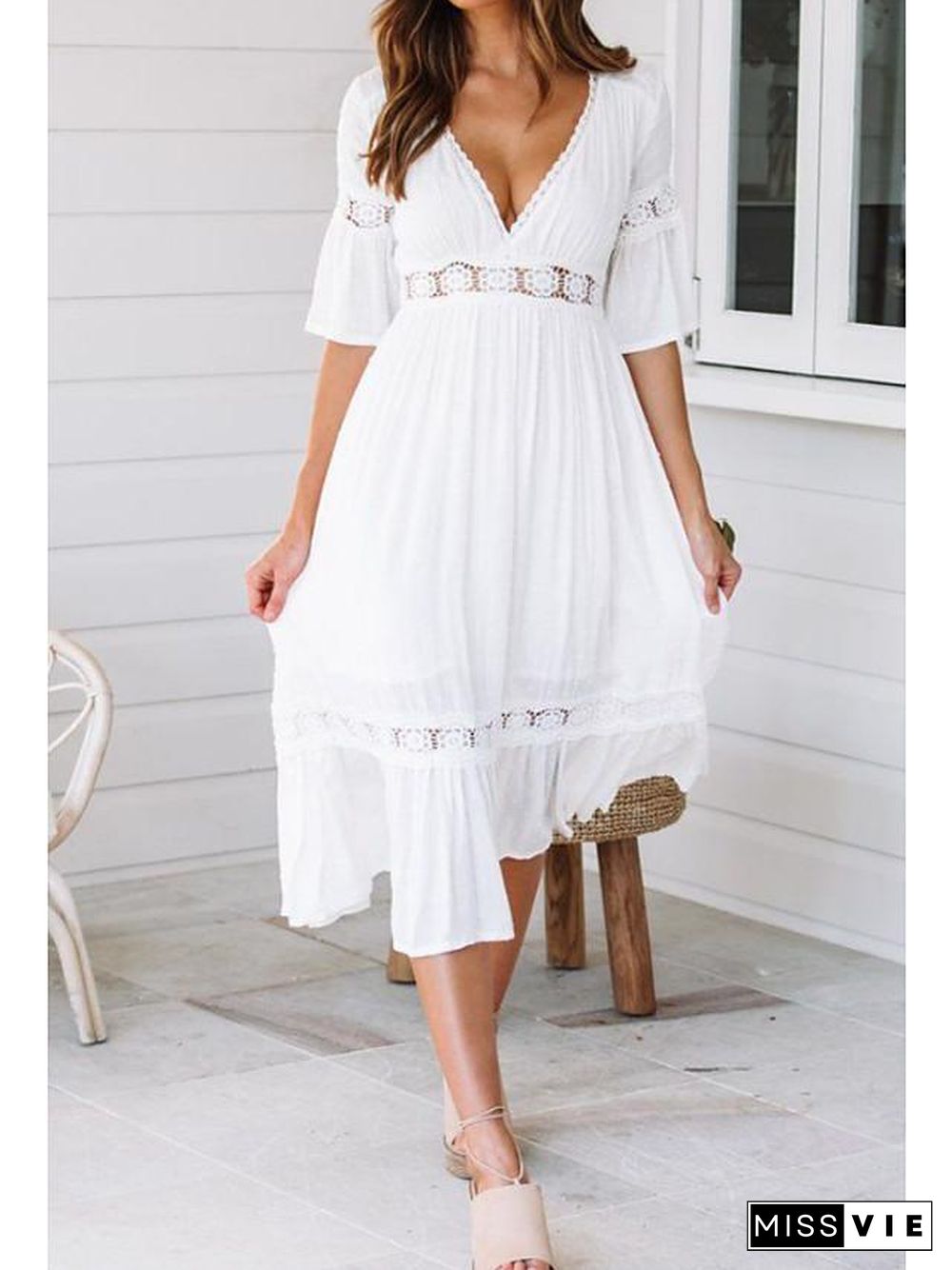 Women's Swing Dress Midi Dress - Half Sleeve Solid Colored Summer Spring & Summer V Neck Beach Vacation Dress