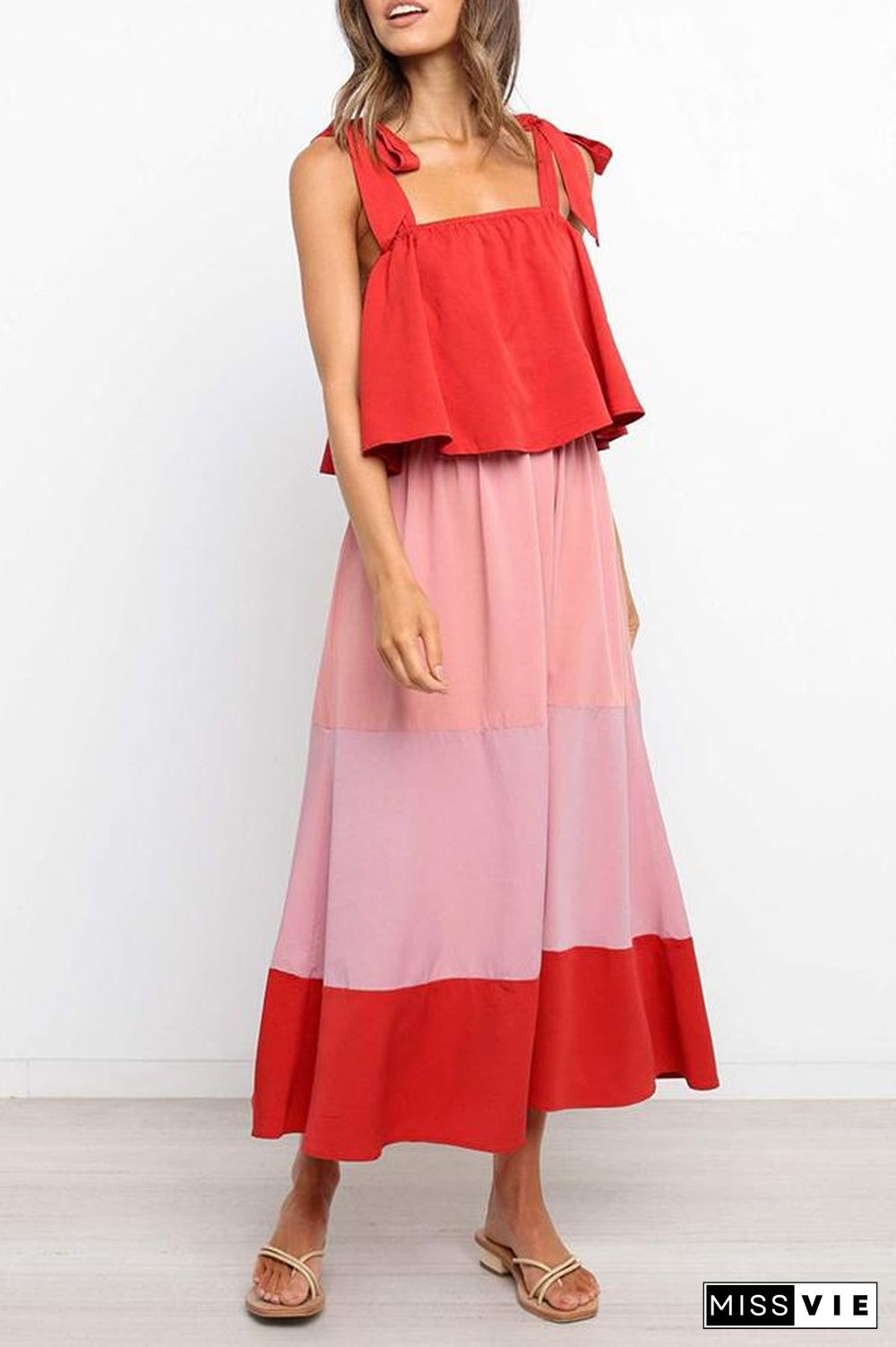 Lace-up Ruffled Colorblock Maxi Dress P13032