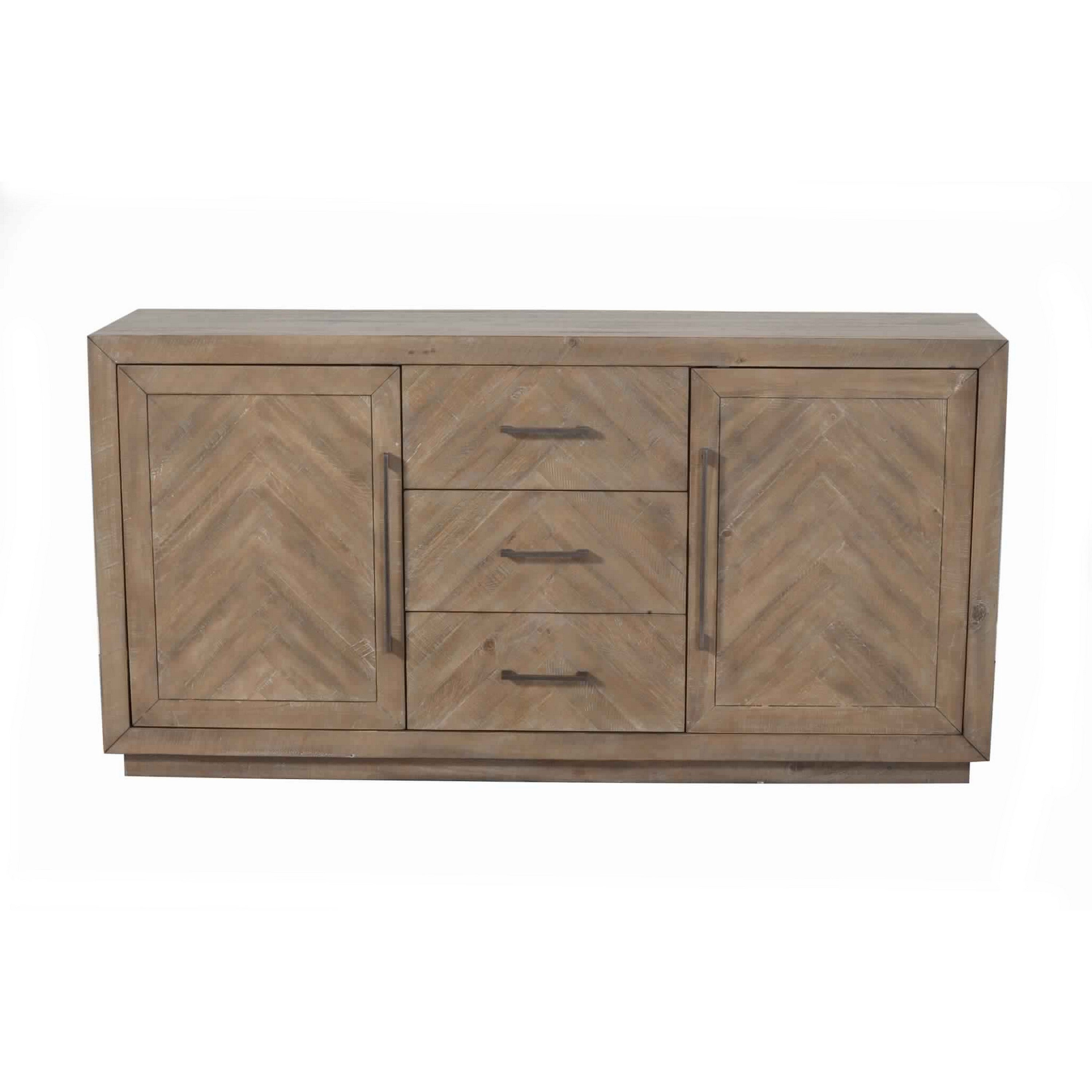 3 Drawer Herringbone Front Wooden Server with 2 Doors， Brown