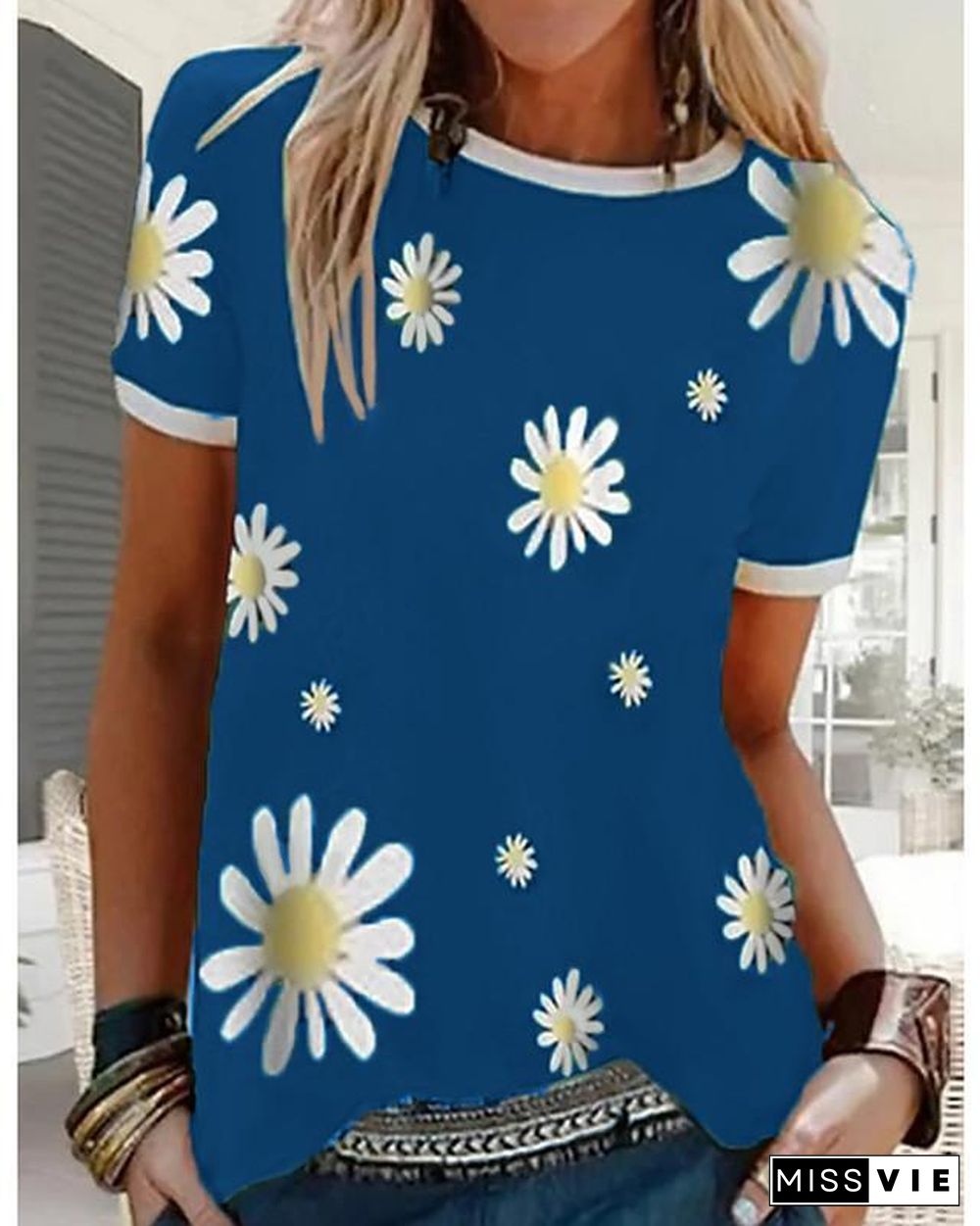 Women's T-shirt Floral Graphic Prints Flower Round Neck Tops Basic Top Black Blue Red