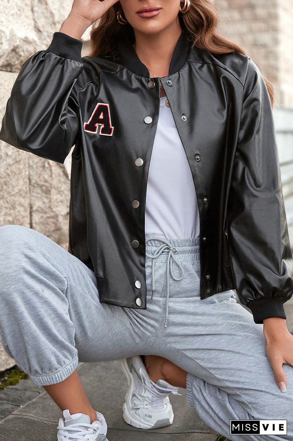 Black PU Letter Patchwork Snap Button Baseball Jacket