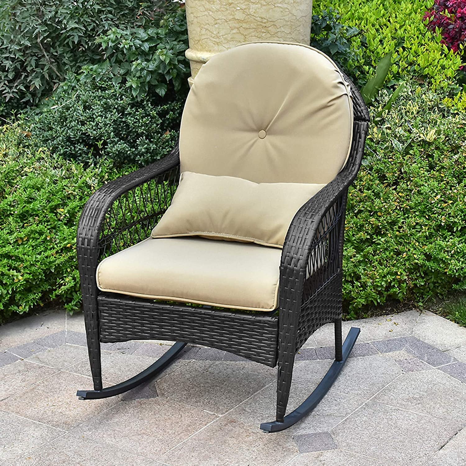 LVUYOYO Outdoor Wicker Rocking Chair All Weather w/ Cushions Garden Patio Yard Porch Lawn Balcony Backyard, Beige, khaki