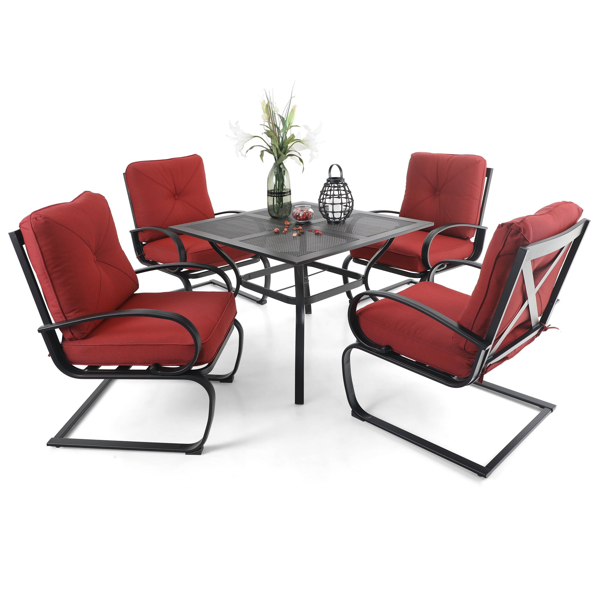 MF Studio 5PCS Outdoor Dining Set with  Cushioned C-Spring Rocking Chairs and Square Mesh Table Modern Furniture for Patio, Red