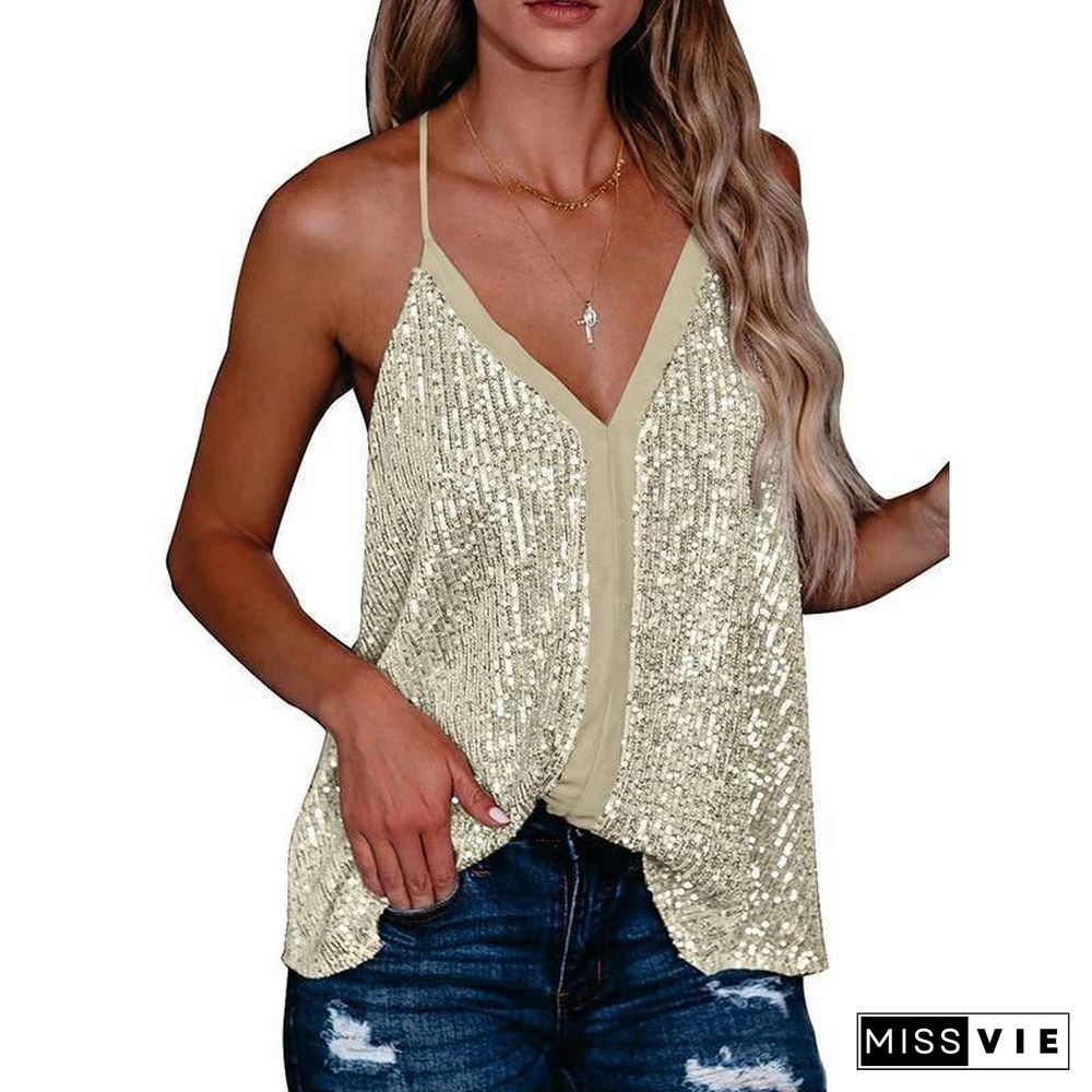 New Tank Top Women Clothes Solid Color Sequins Sleeveless Suspender Black Sexy Tops Backless Fashion For Women's Clothing