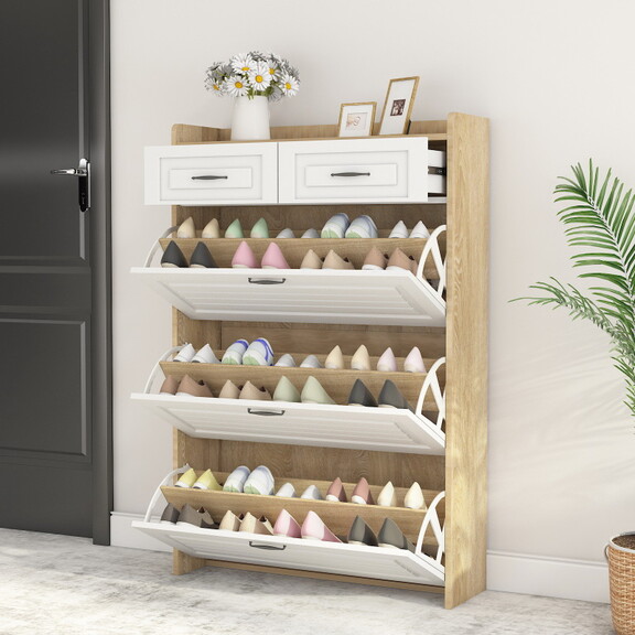 White +Oak Color shoe cabinet with 3 doors 2 drawe...