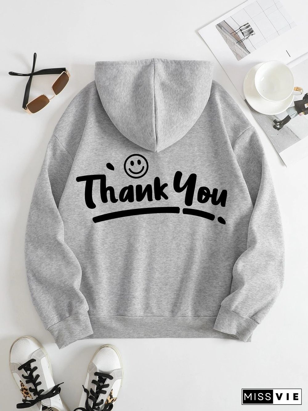 Printed on the Back Kangaroo Pocket Hoodie Long Sleeve for Women Pattern Thank You