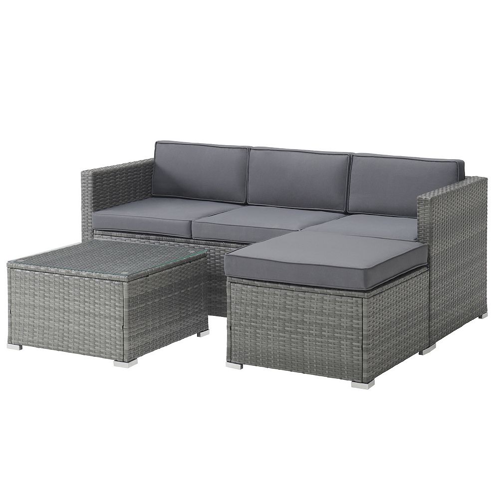 Lavish Home Faux Rattan Patio Sofa， Ottoman， and End Table 3-piece Set