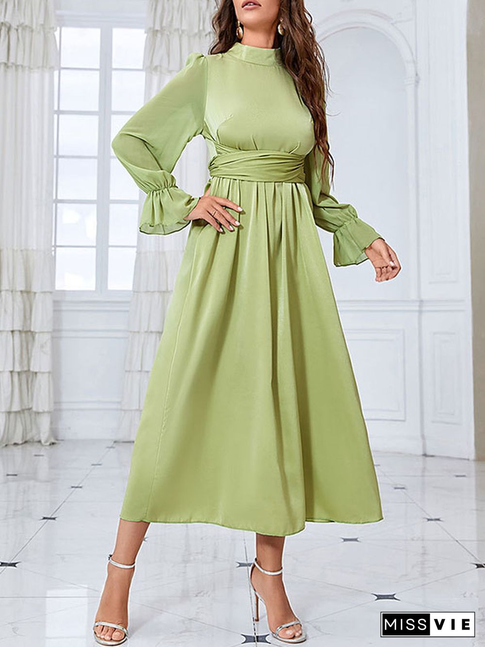 Flared Sleeves Wrap Belted Pleated Solid Color Stand Collar Midi Dresses